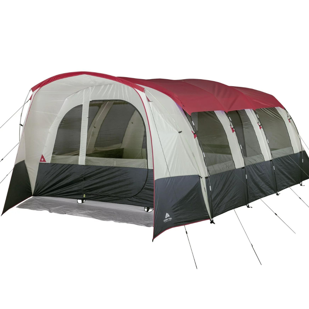 Multi-room camping tent with color accents of red, white, and grey.
