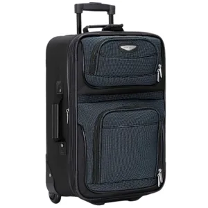 A black and blue wheeled suitcase with multiple zippered compartments and a retractable handle.