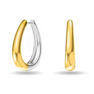 Two-tone hoop earrings featuring a smooth, tapered design with a gold finish on the outer curve and silver on the inner part. They have a sleek, modern style suitable for various occasions.