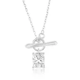 Silver necklace with a toggle clasp design, featuring a rectangular, clear gemstone pendant.