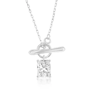 Silver necklace with a toggle clasp design, featuring a rectangular, clear gemstone pendant.