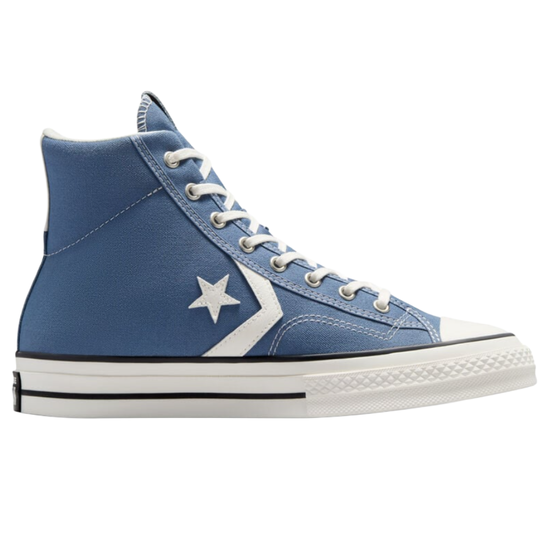 High-top blue sneaker with white laces, featuring a star and chevron design on the side, and a white rubber sole with black trim.