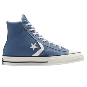 High-top blue sneaker with white laces, featuring a star and chevron design on the side, and a white rubber sole with black trim.