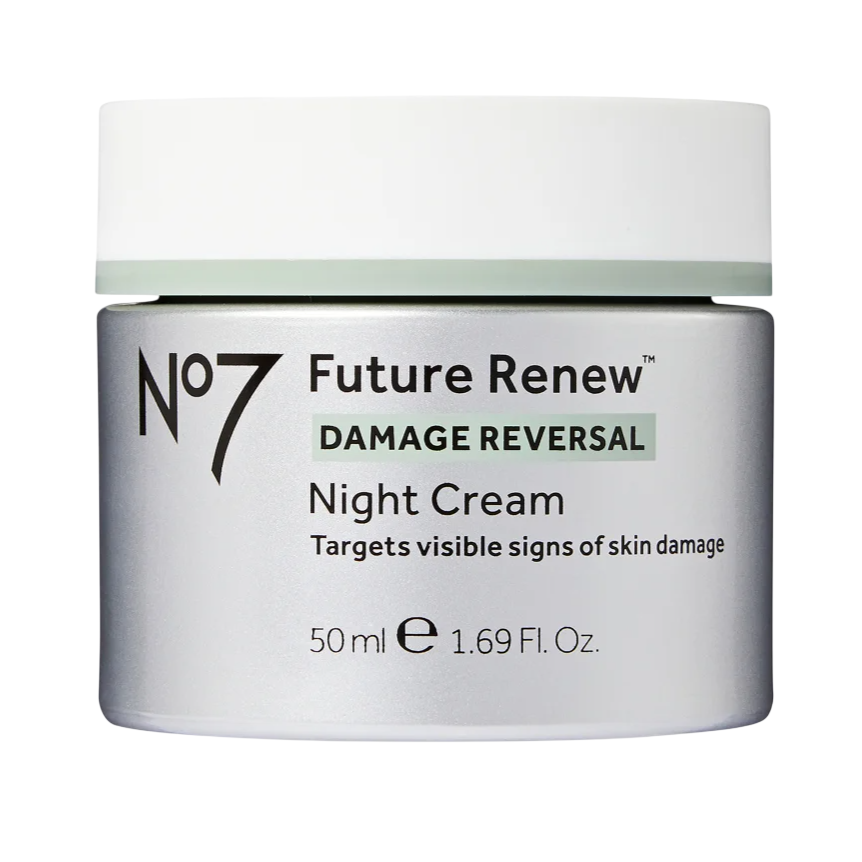 No7 Future Renew Damage Reversal Night Cream, 50 ml (1.69 Fl. Oz.), targets visible signs of skin damage.