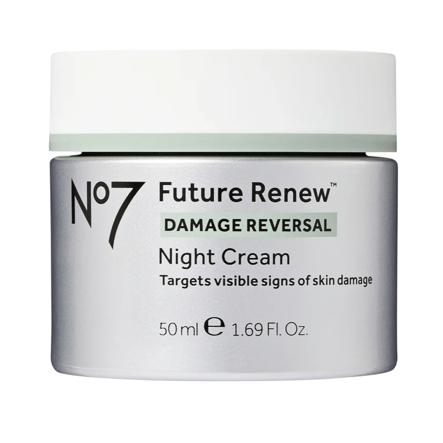 No7 Future Renew Damage Reversal Night Cream, 50 ml (1.69 Fl. Oz.), targets visible signs of skin damage.