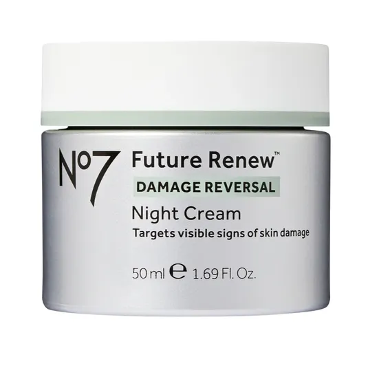 No7 Future Renew Damage Reversal Night Cream, 50 ml (1.69 Fl. Oz.), targets visible signs of skin damage.