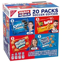 A box labeled \“Snack Goals 20 Packs Soccer Edition\“ featuring 5 packs each of Oreo Minis, Ritz Bits, Nutter Butter Bites, and Chips Ahoy! Minis, with soccer themes.
