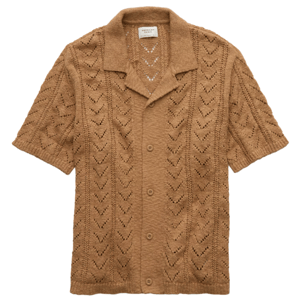 Tan short-sleeve knit cardigan with a V-pattern eyelet design, button-up front, and a collar.