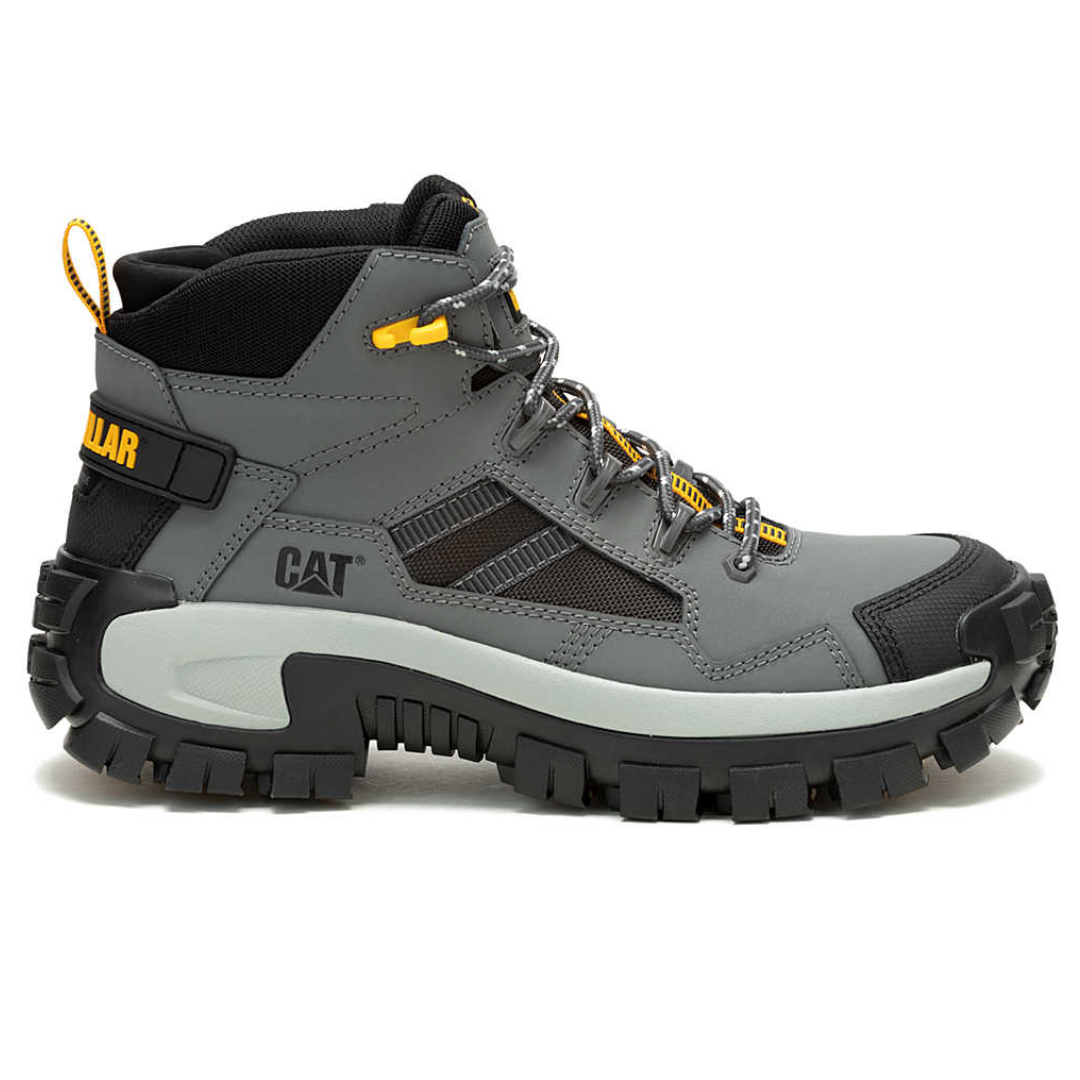 A rugged gray and black high-top boot with thick treaded soles, featuring yellow accents and the \“CAT\“ brand logo on the side.