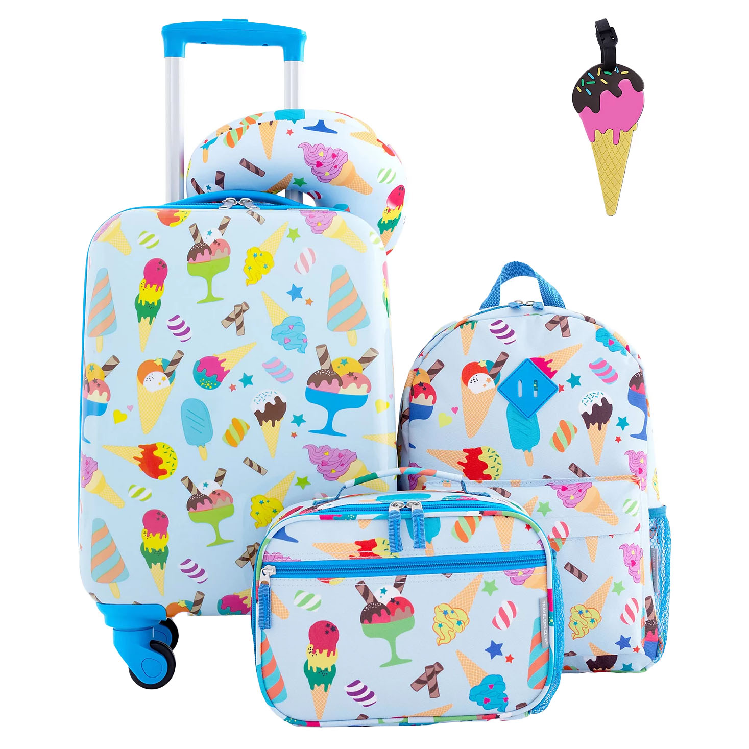 A colorful travel set featuring ice cream-themed designs includes a suitcase with blue wheels, a matching backpack, a lunch bag, a neck pillow, and an ice cream-shaped luggage tag.