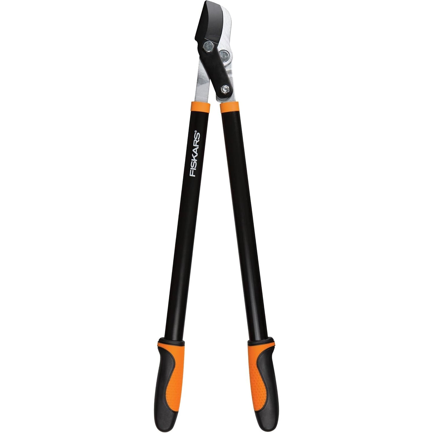 A pair of Fiskars anvil loppers with long black handles and orange grips, designed for cutting thick branches and stems in gardening or landscaping tasks.