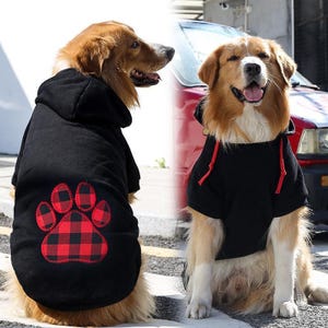 Two golden retrievers wearing black hoodies with red accents; one has a red plaid paw print design on the back.
