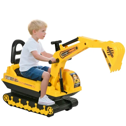 A child is riding a yellow toy excavator with black tracks and a movable arm, suitable for pretend construction play.