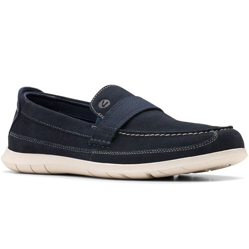 A navy blue casual loafer with white stitching, featuring a strap across the top and a cream-colored sole.