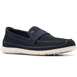 A navy blue casual loafer with white stitching, featuring a strap across the top and a cream-colored sole.