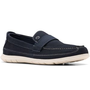 A navy blue casual loafer with white stitching, featuring a strap across the top and a cream-colored sole.