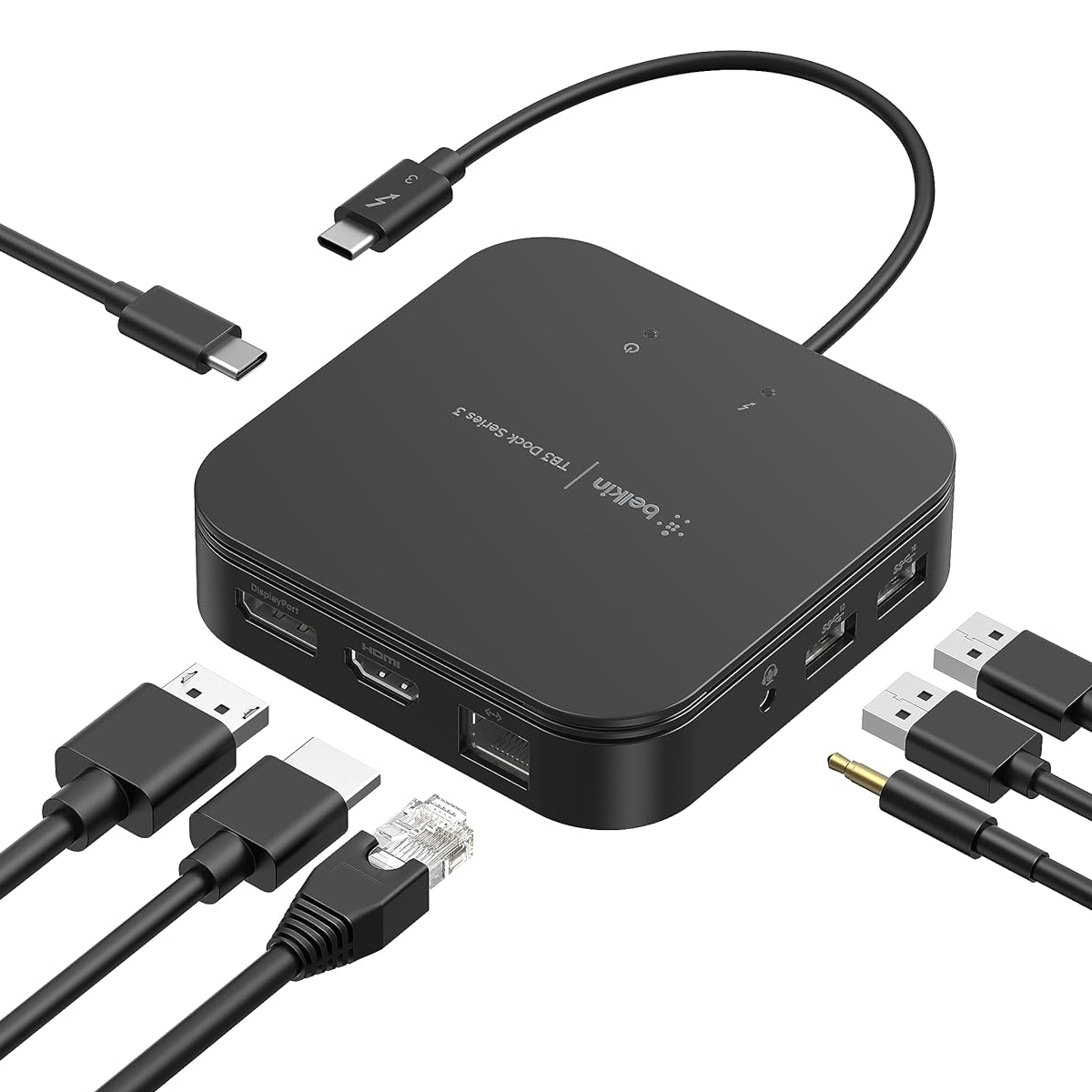 Belkin Thunderbolt Dock features multiple ports including HDMI, Ethernet, USB-A, USB-C, and audio jack. It's designed for connectivity, enhancing device compatibility and extending functionality with a compact design.