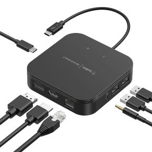 Belkin Thunderbolt Dock features multiple ports including HDMI, Ethernet, USB-A, USB-C, and audio jack. It's designed for connectivity, enhancing device compatibility and extending functionality with a compact design.