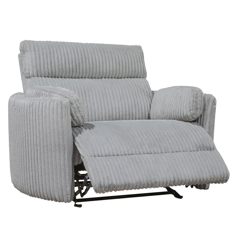 Extra-Wide Power Gliding Recliner upholstered in soft chenille fabric with a ribbed texture, featuring a plush headrest and armrests for enhanced comfort, and a metal base for support.