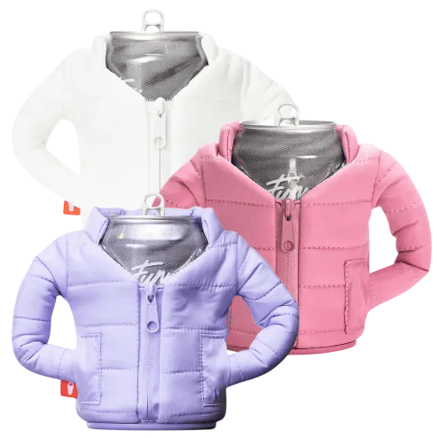 Three soda cans are dressed in miniature puffer jacket koozies in white, pink, and lavender colors.