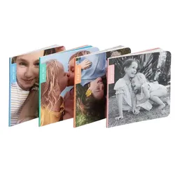 Four square-shaped photo books with personalized covers featuring children in various poses, including color and black-and-white images.