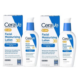 CeraVe AM Facial Moisturizing Lotion with Sunscreen, Broad Spectrum SPF 30, oil-free, includes ceramides, niacinamide, and hyaluronic acid, size 3 fl oz (89 ml).