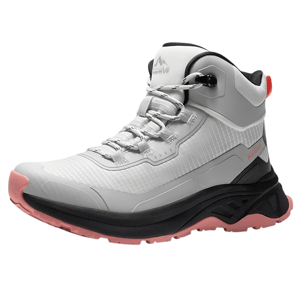 A gray and pink high-ankle hiking boot with a rugged black sole, featuring a secure lacing system and cushioned collar for outdoor activities.