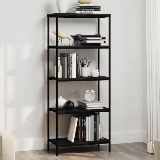 A black five-tier bookshelf with assorted books, decorative items, and stationery.