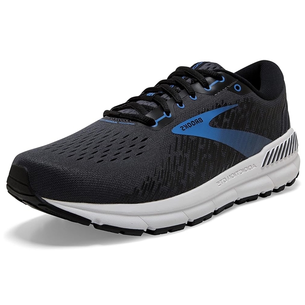 The Brooks Addiction GTS 15 Shoes feature a black mesh upper with blue accents and a white cushioned sole designed for stability and support, suitable for running or casual wear.