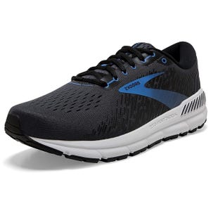 The Brooks Addiction GTS 15 Shoes feature a black mesh upper with blue accents and a white cushioned sole designed for stability and support, suitable for running or casual wear.