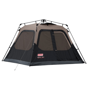 A Coleman Instant Tent with a cube design featuring large windows and a quick setup frame.