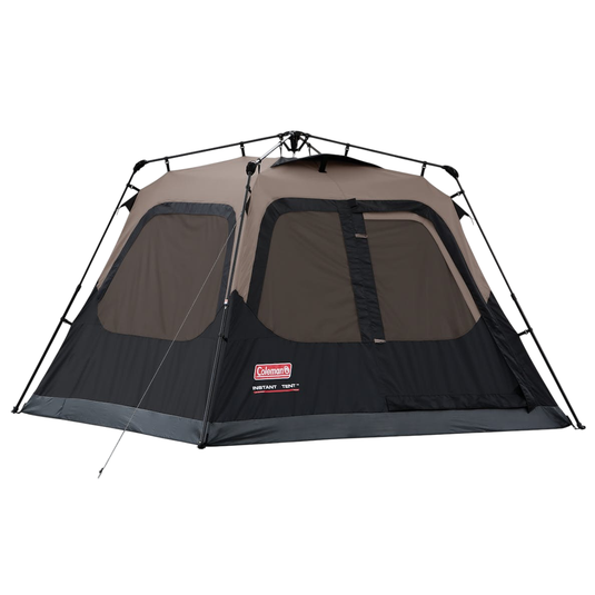 A Coleman Instant Tent with a cube design featuring large windows and a quick setup frame.