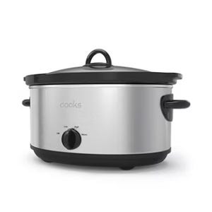 A stainless steel slow cooker with a black top and side handles, featuring a dial to adjust settings.