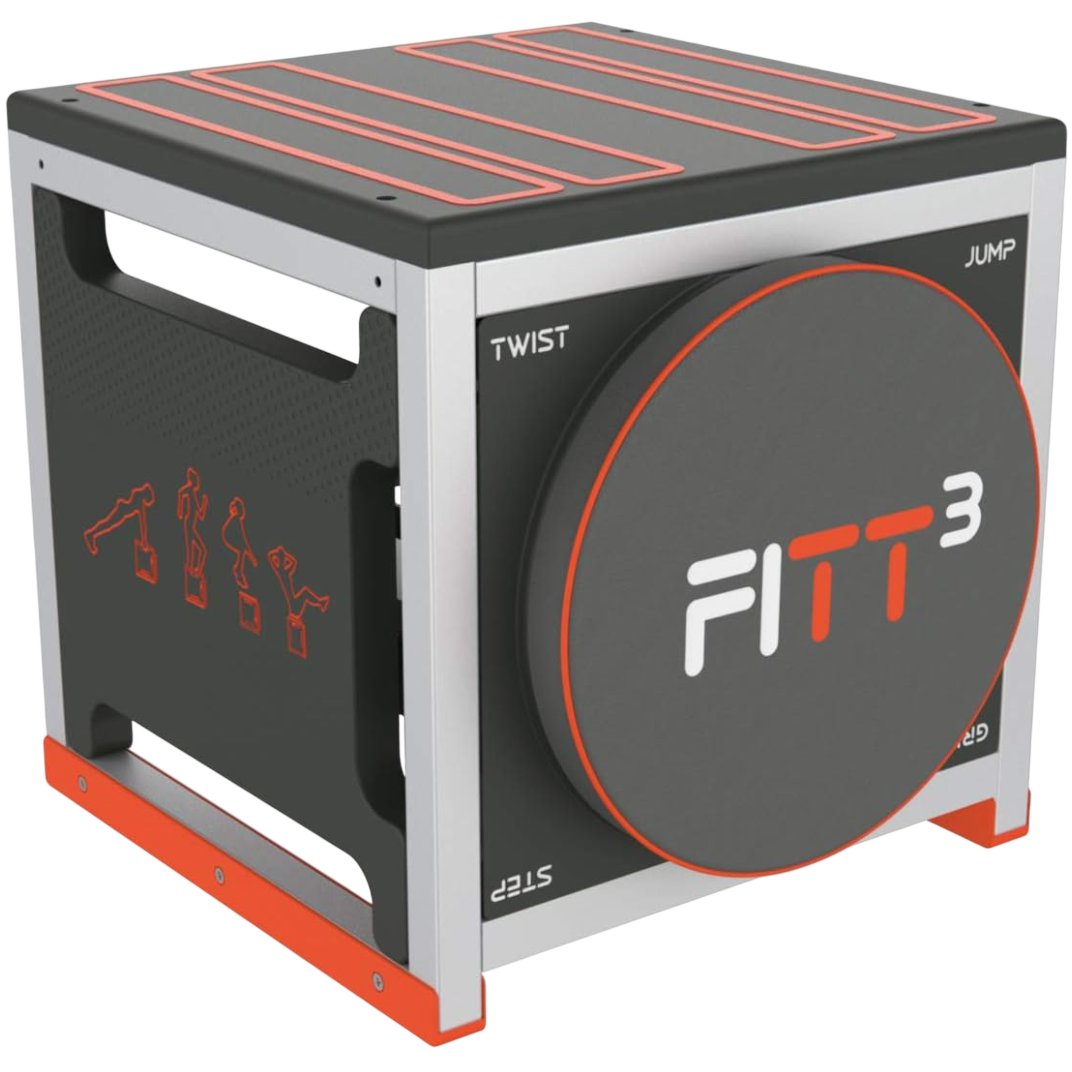 FITT3 exercise box with a black and orange design, featuring the words \“Twist,\“ \“Jump,\“ and \“Step\“ on its sides, as well as icons illustrating various exercises.