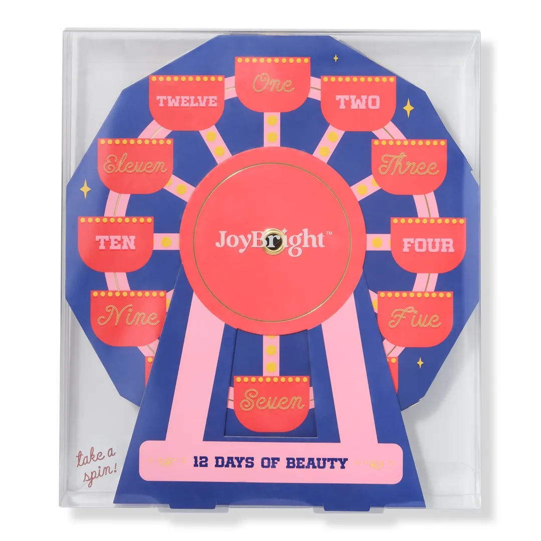 A JoyBright \“12 Days of Beauty\“ advent calendar shaped like a Ferris wheel features numbered compartments from one to twelve.