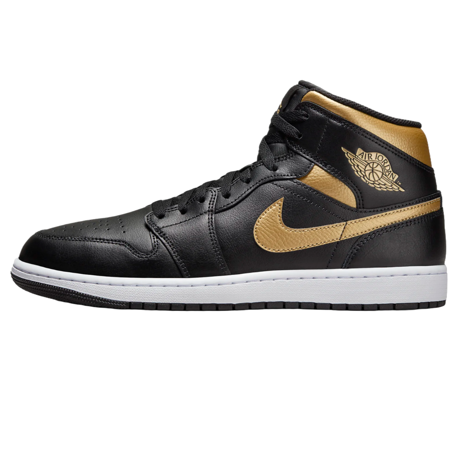 Black and gold Air Jordan 1 Mid sneakers featuring a high-top design with a golden Nike swoosh and Air Jordan logo accents, set on a white sole.