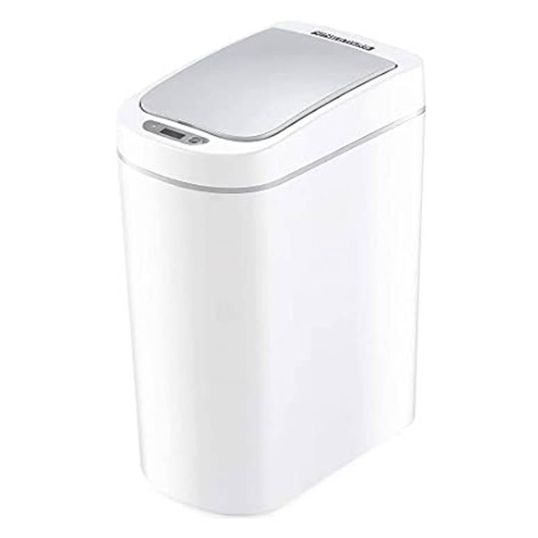 A white, rectangular motion sensor trash can with a sleek design and a silver lid, featuring a touch-free mechanism for convenient waste disposal.