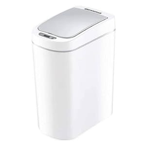 A white, rectangular motion sensor trash can with a sleek design and a silver lid, featuring a touch-free mechanism for convenient waste disposal.