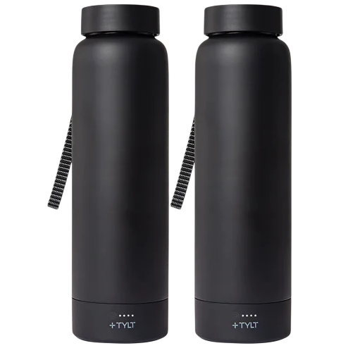 Two black water bottles with straps, featuring TYLT branding and battery indicators at the base.