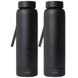 Two black water bottles with straps, featuring TYLT branding and battery indicators at the base.