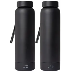 Two black water bottles with straps, featuring TYLT branding and battery indicators at the base.
