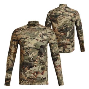A long-sleeve, high-neck camouflage shirt designed for layering in cold conditions. The pattern combines greens, tans, and browns.