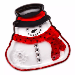 Godinger Snowman Candy Dish is a glass dish shaped like a snowman, featuring a black hat and a red scarf with button details.