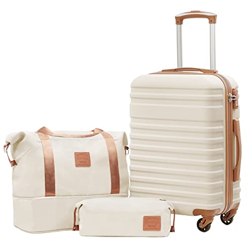Three-piece luggage set in beige with tan accents, including a hard-shell suitcase, a duffel bag, and a toiletry bag.