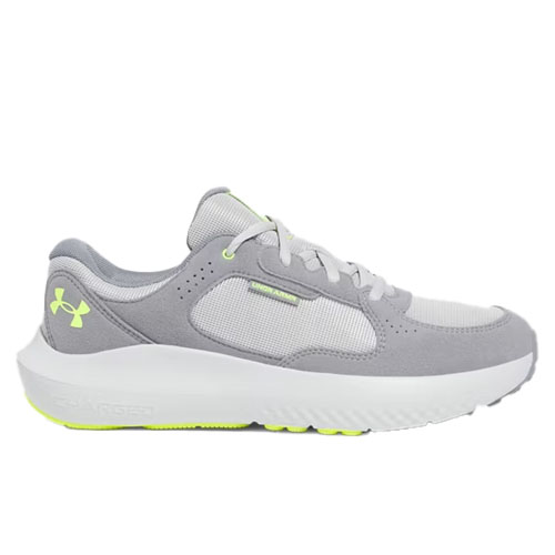 A gray and white athletic shoe with lime green accents, featuring a breathable mesh upper, lace-up closure, and a cushioned sole.