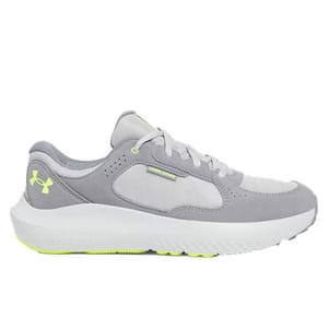 A gray and white athletic shoe with lime green accents, featuring a breathable mesh upper, lace-up closure, and a cushioned sole.