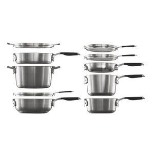 10-piece Calphalon Nesting Cookware Set includes stackable stainless steel saucepans, pots, and lids with black handles for efficient storage.