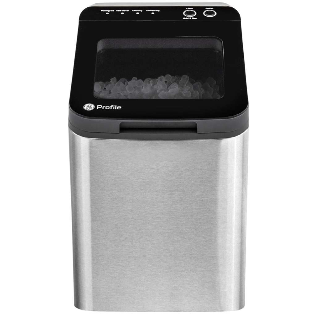 A stainless steel GE Profile countertop ice maker with a transparent top, showing ice cubes inside.