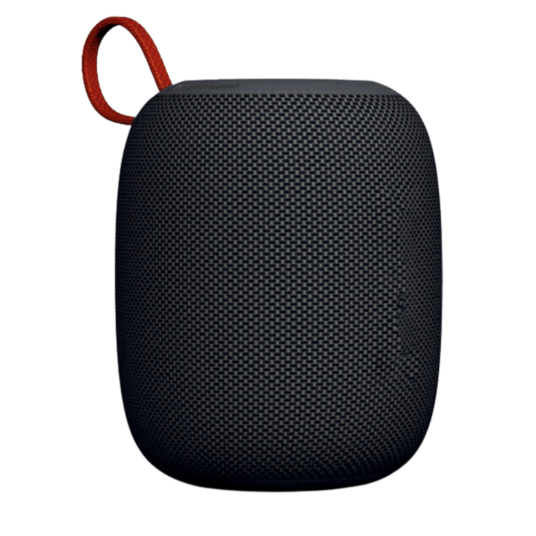 Portable Bluetooth speaker with a textured design and red carrying loop.