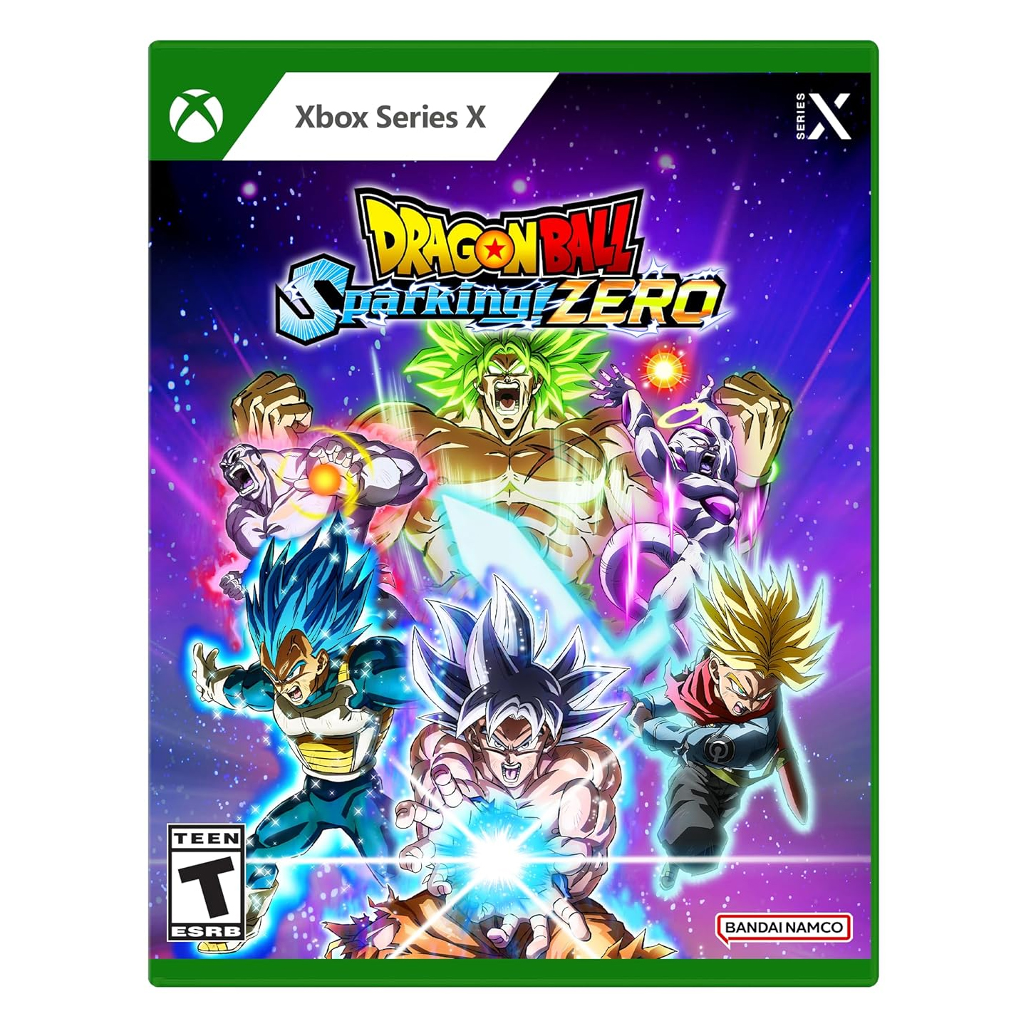 DRAGON BALL: Sparking! ZERO for Xbox Series X features dynamic cover art with iconic Dragon Ball characters in action poses, produced by Bandai Namco. Rated Teen by ESRB.